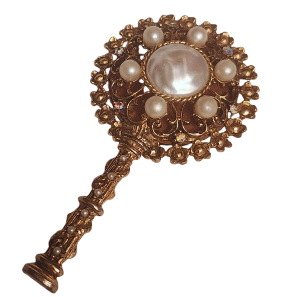 Vintage 1950s  Sam Fink Ornate Gold-Tone Filigree & Faux Pearl AB Mini Mirror